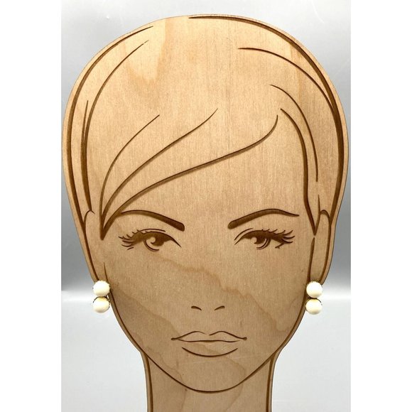 Minimalist Vintage Double Drop Earrings, Basic White Plastic Beads in Gold Tone - Picture 3 of 5